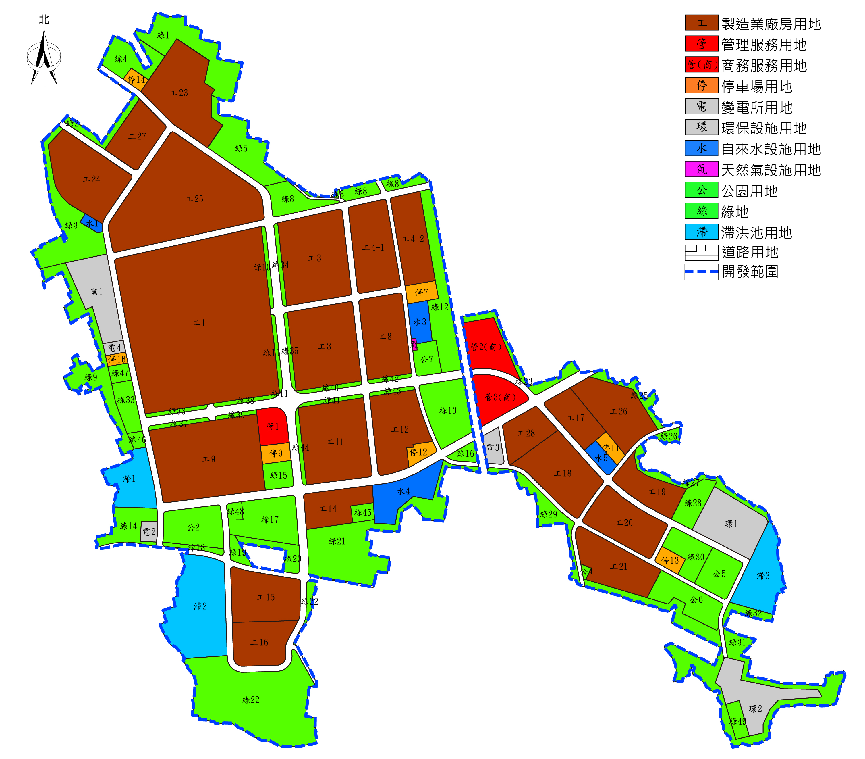 高雄園區細部計畫示意圖，用以表示高雄園區土地都市計畫之土地使用分區規劃情形。另開視窗下載高雄園區土地使用計畫示意圖pdf檔